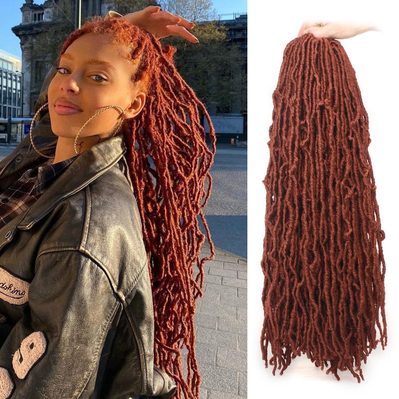 Leeven New Soft Locs 24 Inch Distressed Butterfly Faux Locs 6 Packs Copper Red Boho Goddess Locs Long Ginger Crochet Braids Hair Pre Looped Curly Synthetic Braiding Hair for Women 350